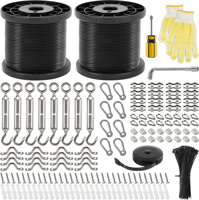 GUATTINE 400 Ft String Light Hanging Kit Outdoor, Nylon Coated Stainless Steel 304 Wire Rope, String Light Kit Included Enough Accessories, Guide Wire for Outdoor String Lights, Patio Lights, Camping Lights - Image 1